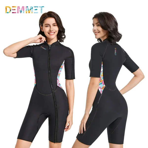 1.5MM neoprene wetsuit short-sleeve Full Body Diving Suit women printed front-zip UV Sun Protection