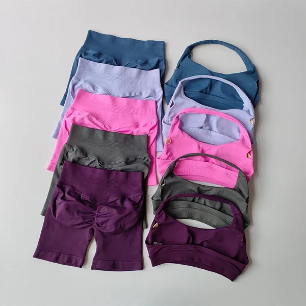 Sexy Halter Neck Beautiful Back High Waist Peach Sports Bras Shorts Suit Training Fitness Bra Sets