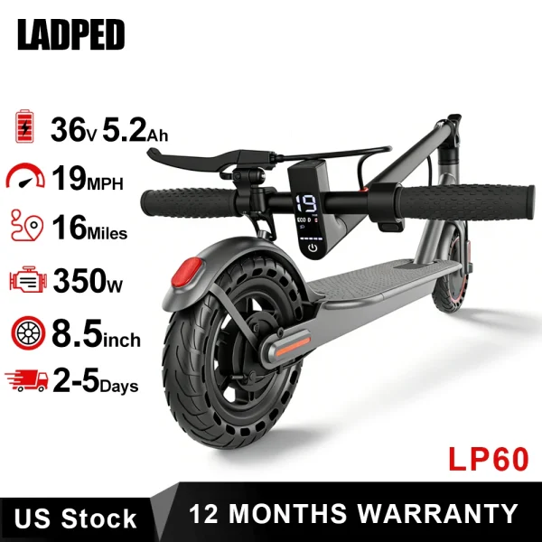 2026 LADPED LP60 Electric Scooter 350W Max 19mph Speed 8.5inch Tire Folding Design with 16 Miles Range
